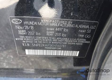 2019 Hyundai Sonata Se from USA, damaged, VIN 5NPE24AF5KH760781